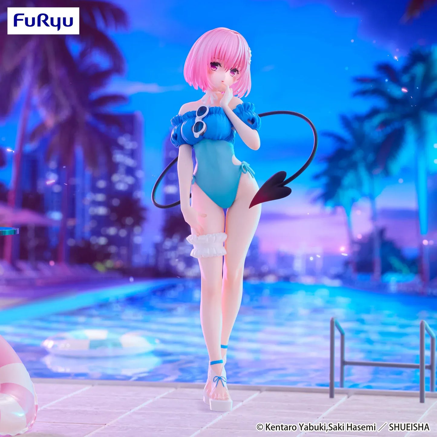 To Love-Ru Darkness Trio-Try-iT Momo Belia Deviluke Figure reissue featuring Momo in a blue swimsuit with pink hair, devil tail, and summer poolside theme