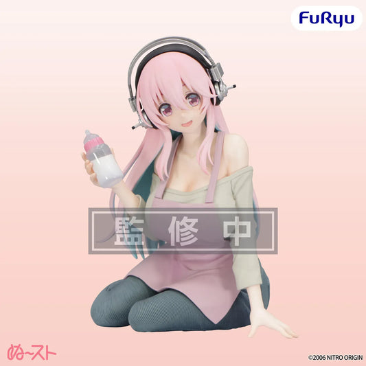 Nitroplus Super Sonico Motherly Comfort Noodle Stopper Figure featuring Super Sonico with pink hair, headphones, apron outfit, and baby bottle accessory.