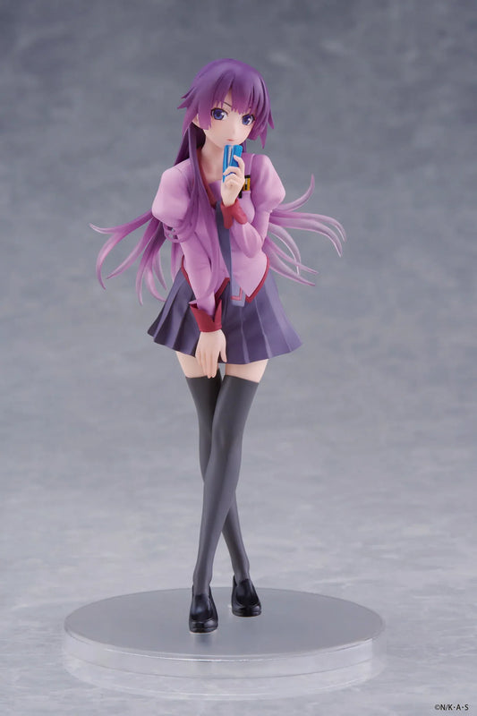 Monogatari Hitagi Senjougahara Coreful Figure featuring Hitagi in her purple school uniform with flowing purple hair and black knee-high stockings