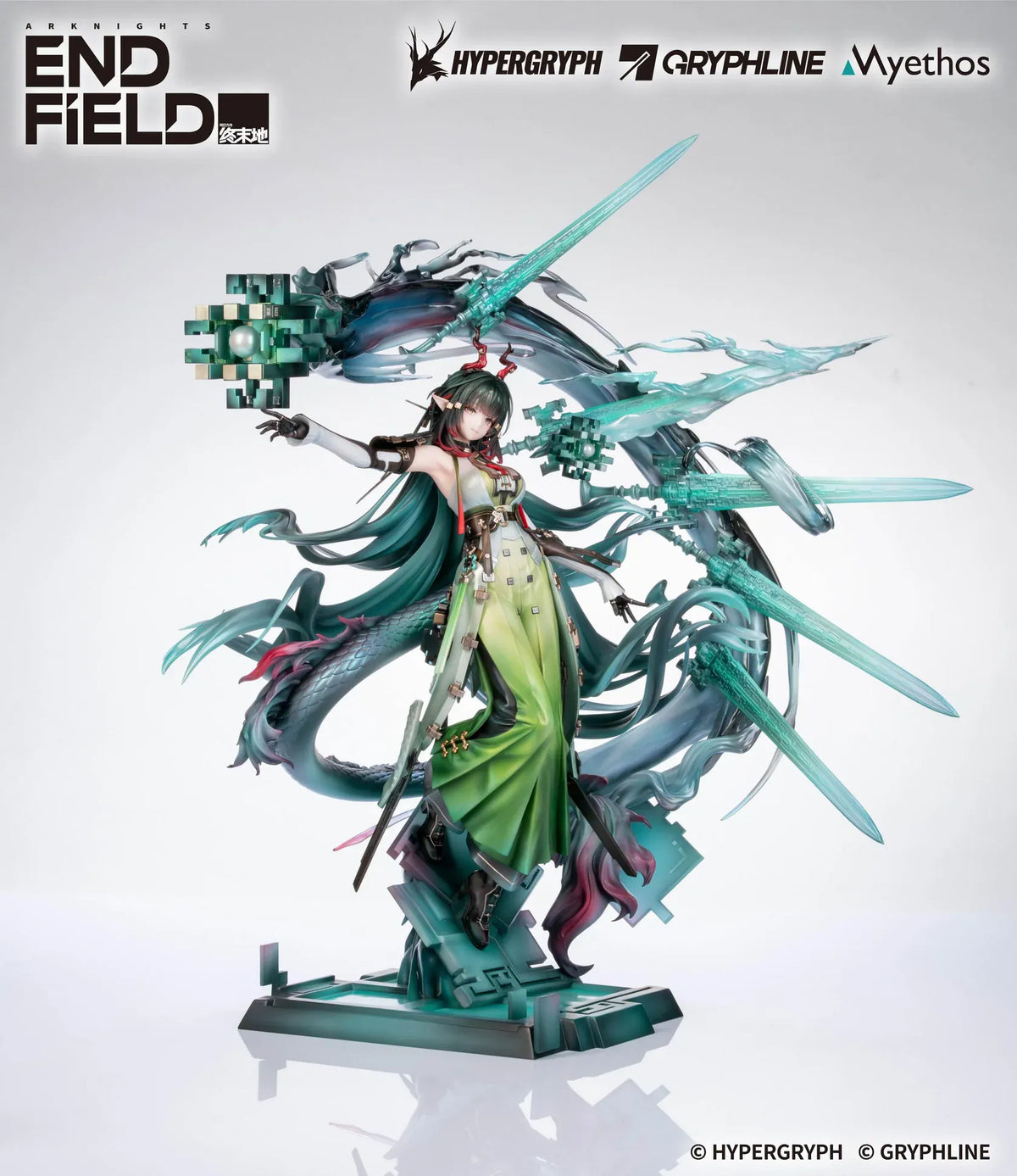 Arknights Endfield Zhuang Fangyi 1/7 scale figure with teal hair and a green outfit, surrounded by a curling dragon and translucent turquoise blades.