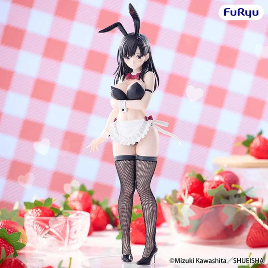 Strawberry 100% Aya Toujou BiCute Bunnies figure with black bunny ears, dark hair, a white ruffled apron, burgundy bows, and patterned stockings.