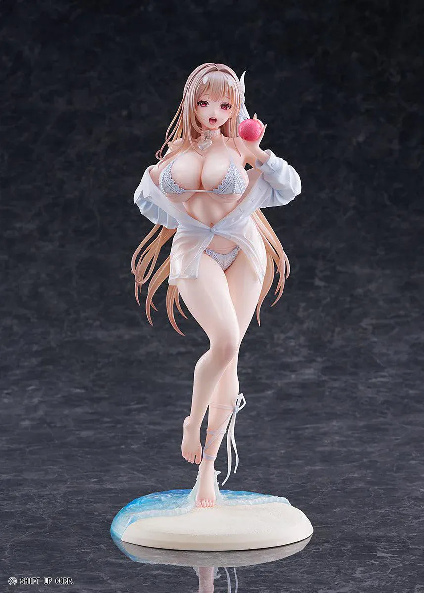 GODDESS OF VICTORY NIKKE Viper Shine of Love 1/7 Scale Figure with long hair, white beachwear-inspired outfit, apple accessory, and beach display base