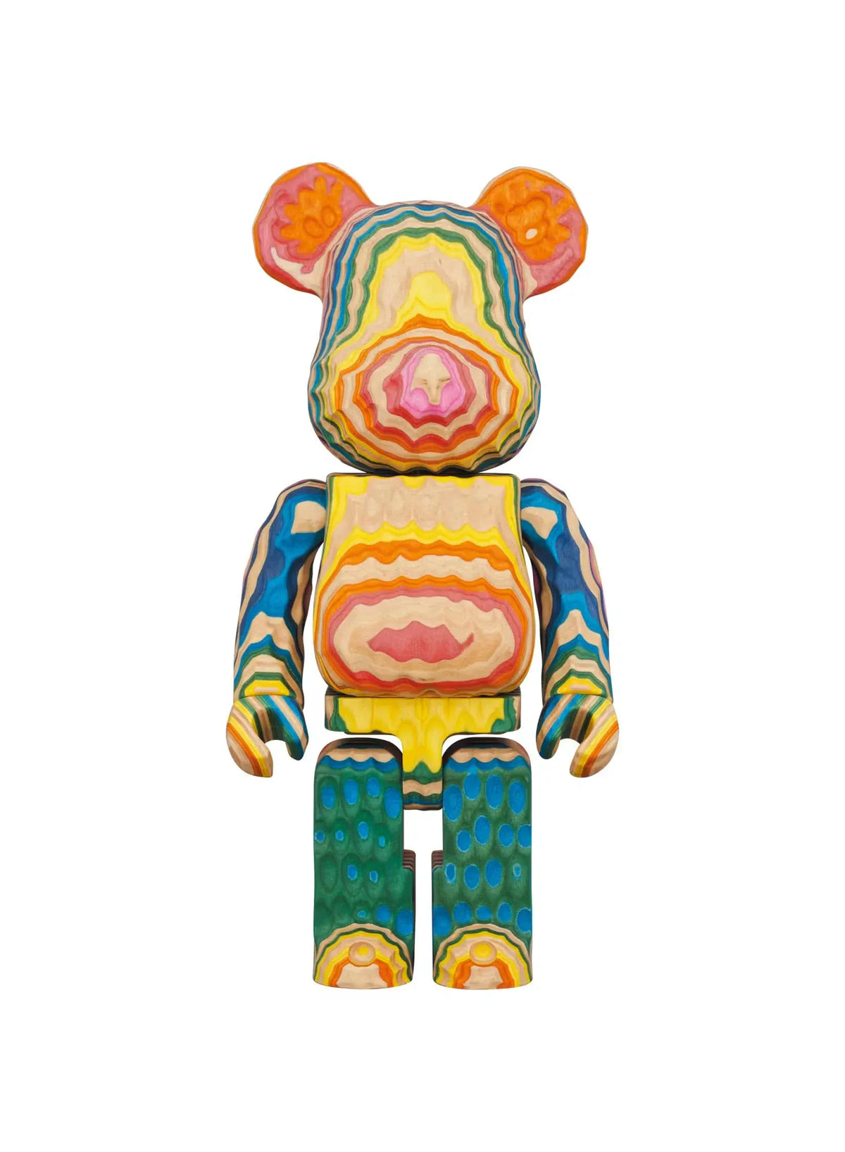 BE@RBRICK Karimoku fragmentdesign HAROSHI VERTICAL 400% wooden figure with multicolored contour patterns, blue arms, green legs, and natural wood tones.