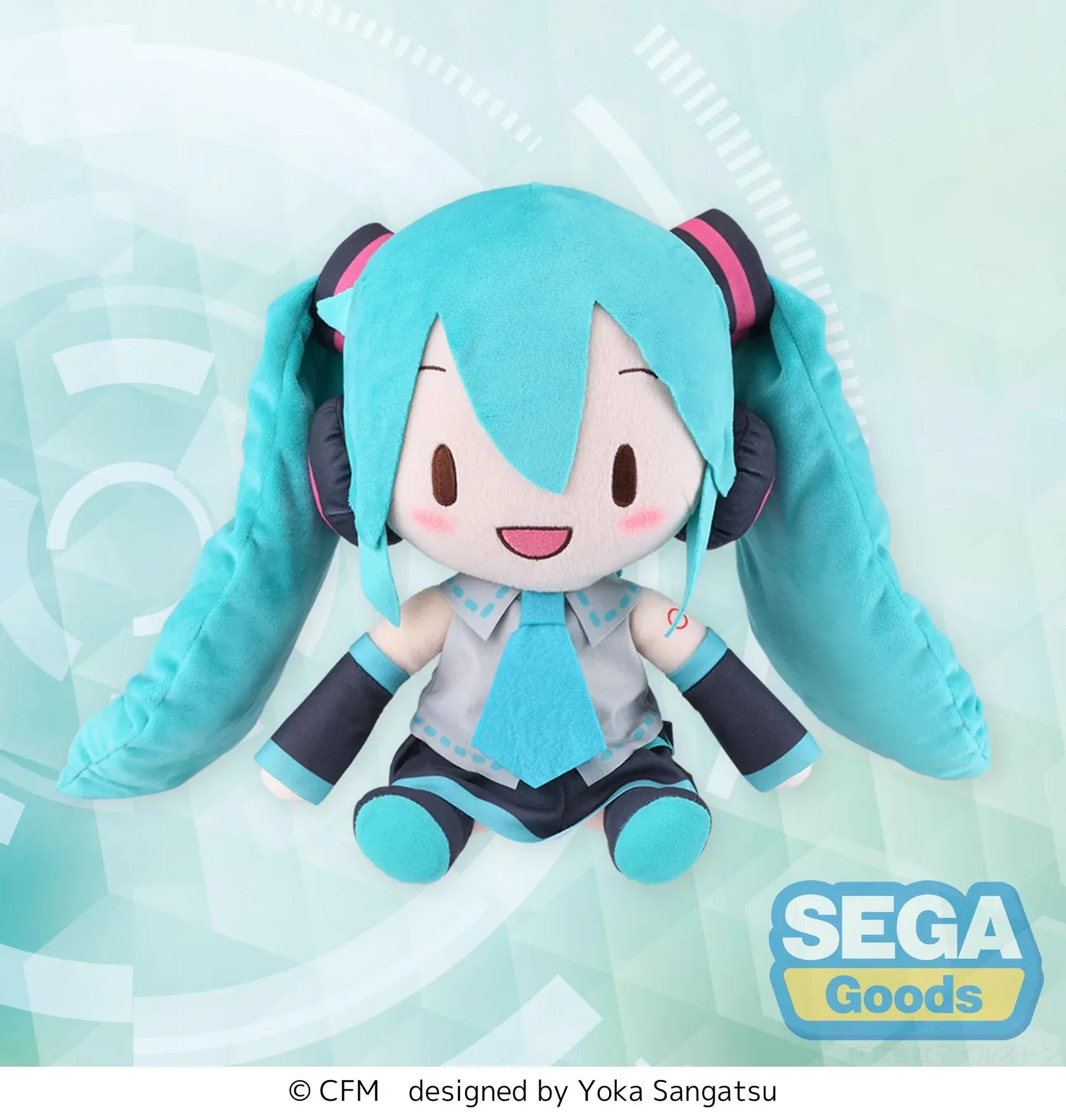 Fuwa Petit Hatsune Miku L Plush with turquoise twin tails, headset, embroidered smile, and classic black and teal outfit