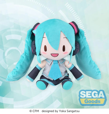 Fuwa Petit Hatsune Miku L Plush with turquoise twin tails, headset, embroidered smile, and classic black and teal outfit