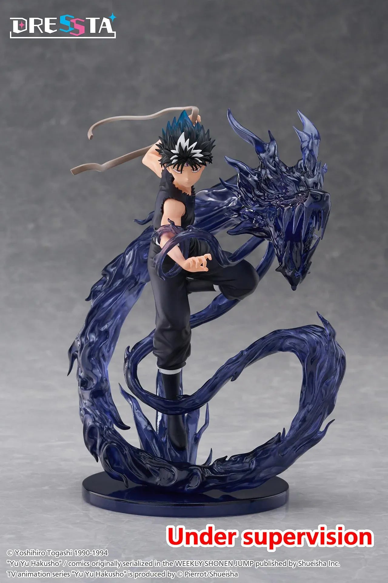 Yu Yu Hakusho Dressta Hiei Figure with black outfit, spiked hair, battle pose, and dark dragon energy effect