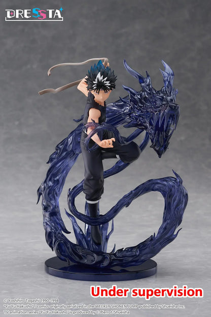 Yu Yu Hakusho Dressta Hiei Figure with black outfit, spiked hair, battle pose, and dark dragon energy effect