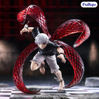 Ken Kaneki Muchute figure charging forward with white hair, an exposed ghoul eye, and four translucent red kagune surrounding him.