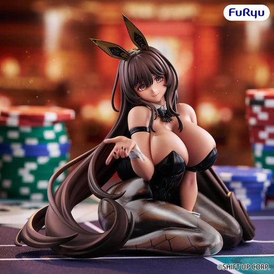 Goddess of Victory Nikke Noir Noodle Stopper Figure featuring Noir in a black bunny-style outfit with long brown hair and casino-themed details.