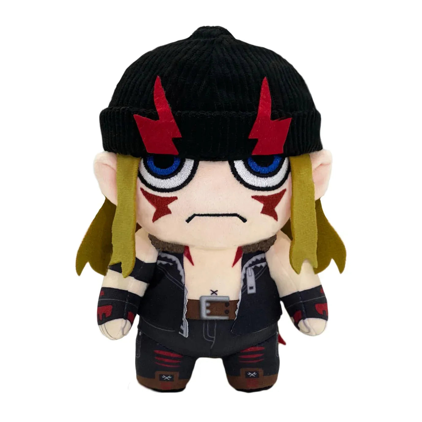 Street Fighter 6 Alex chibi plush featuring his signature black beanie, embroidered facial markings, and iconic fighter outfit
