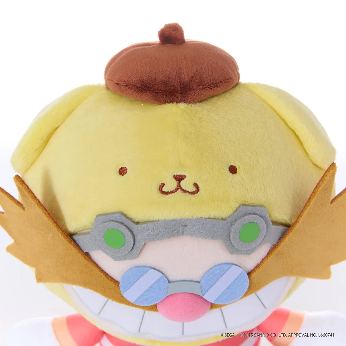 Sonic & Friends x Sanrio Dr. Eggman medium plush wearing a yellow Pompompurin hood with floppy ears and a brown beret.