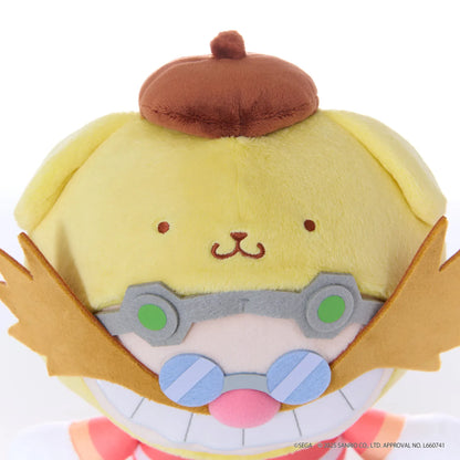 Sonic & Friends x Sanrio Dr. Eggman medium plush wearing a yellow Pompompurin hood with floppy ears and a brown beret.