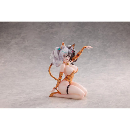 Astral Party Nancy Lu 1/6 Scale Figure featuring a black and white-haired anime girl with purple eyes wearing an orange leopard-print bodysuit, animal ears, and a spotted tail in a playful kneeling pose, accompanied by matching illustrated artwork.