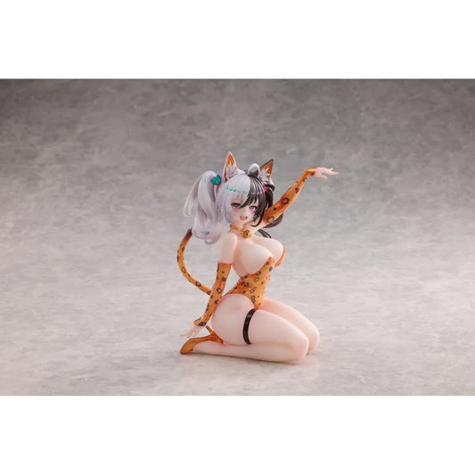 Astral Party Nancy Lu 1/6 Scale Figure featuring a black and white-haired anime girl with purple eyes wearing an orange leopard-print bodysuit, animal ears, and a spotted tail in a playful kneeling pose, accompanied by matching illustrated artwork.