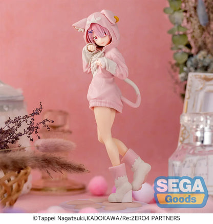 XStellar Re:Zero Ram Mofumofu Pack figure in pink cat-hoodie outfit standing on pink base