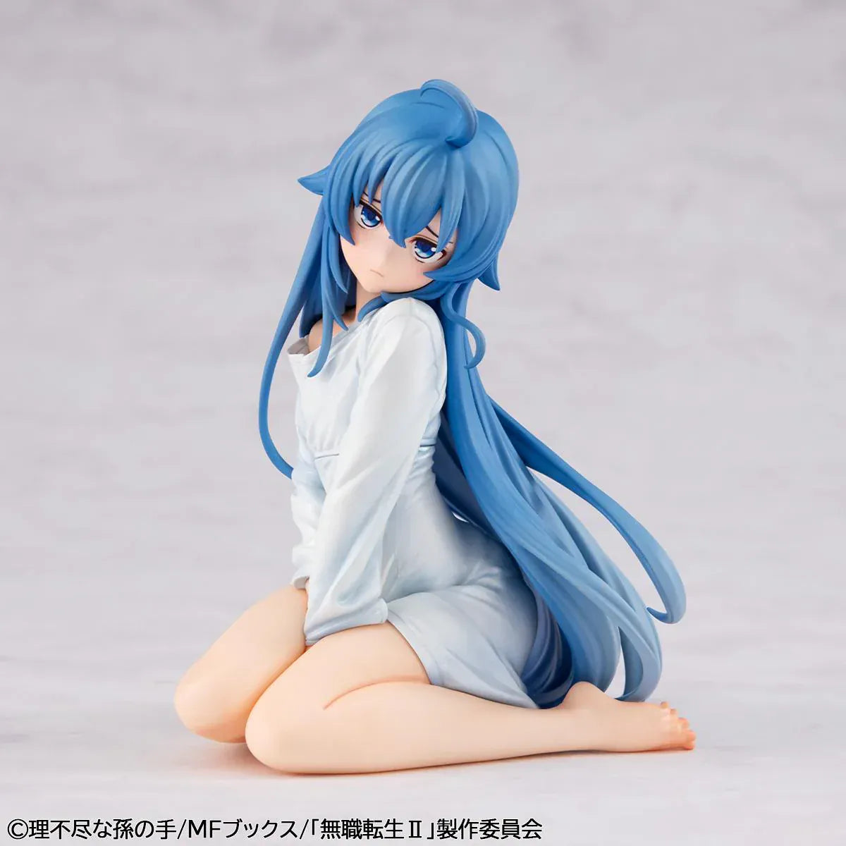 Mushoku Tensei Melty Princess Roxy Migurdia Peeping Ver. figure kneeling in oversized white shirt with long blue hair.