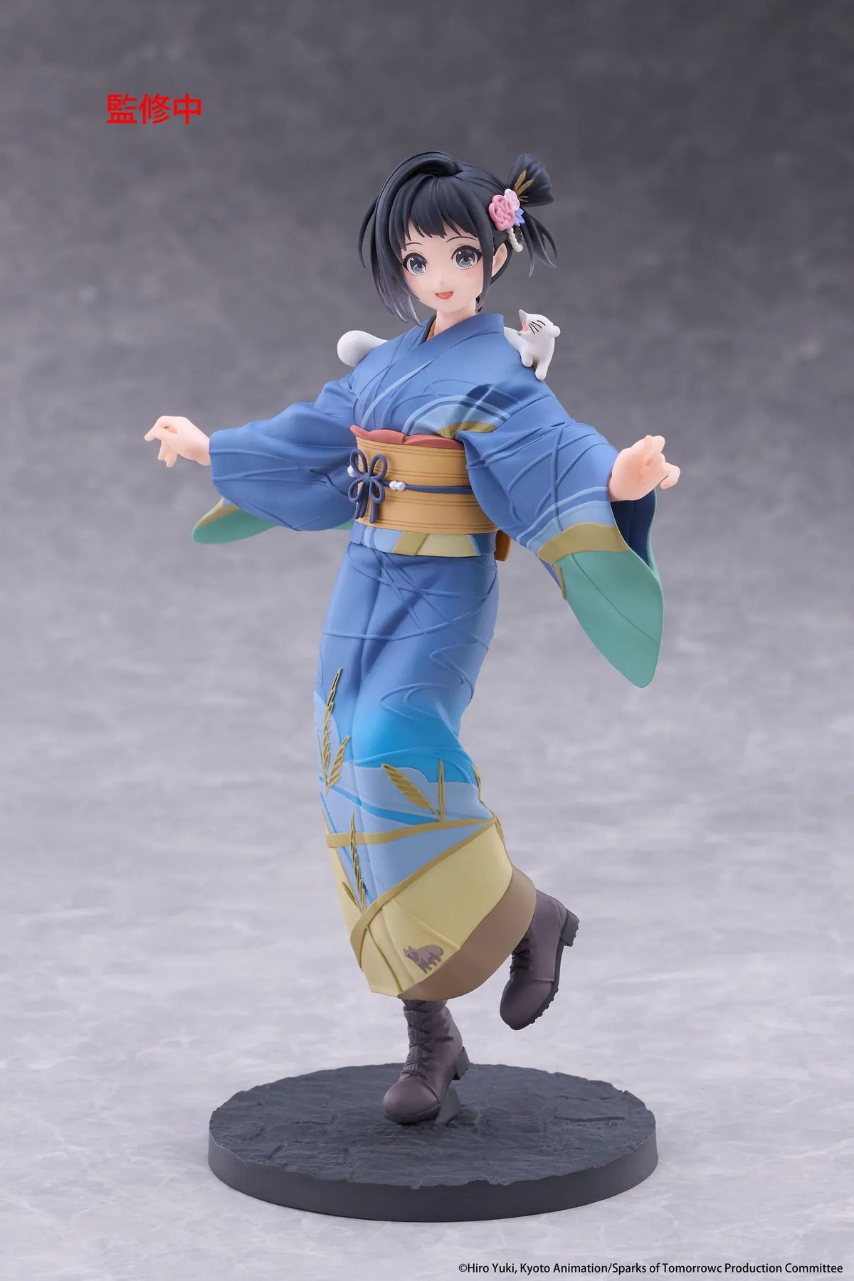 Sparks of Tomorrow Inako Momokawa Coreful Figure featuring a dark-haired anime girl with a pink floral hair accessory, blue kimono with gold and green accents, golden obi, brown boots, and a small white cat perched on her shoulder, standing on a textured circular base.