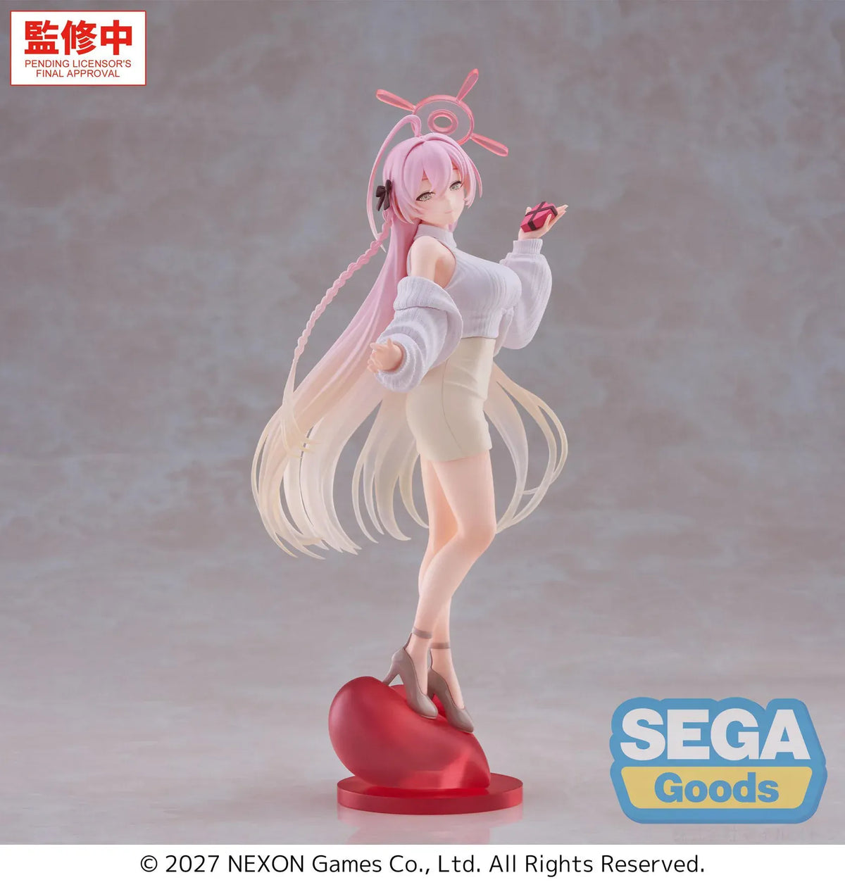 Blue Archive XStellar Hanako Happy Valentine figure holding a chocolate gift while standing on a red heart-shaped base