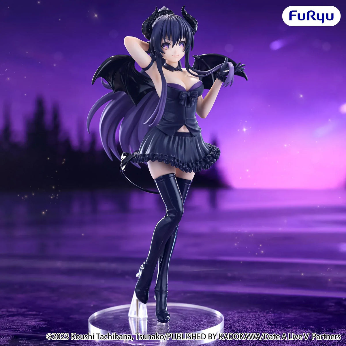 Date A Live V BiCute Dark Tohka Yatogami figure with purple hair, curved horns, black wings, a ruffled outfit, and tall boots.