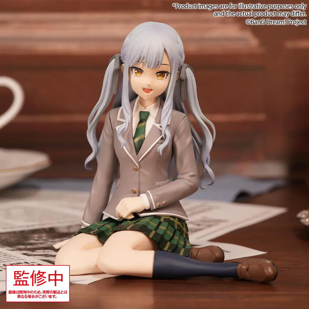 BanG Dream Ave Mujica Sakiko Togawa Uniform Ver. Premium Figure featuring Sakiko seated in a school uniform with long silver twin tails, golden eyes, beige blazer, and green plaid skirt.