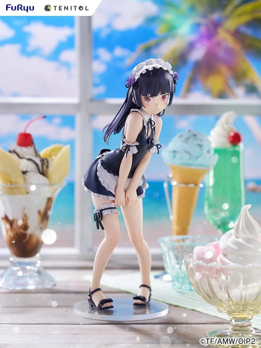 Oreimo Tenitol Tall Kuroneko Swimsuit Maid Ver. Figure featuring Kuroneko in a black-and-white maid swimsuit posing shyly by a dessert table with a beach backdrop
