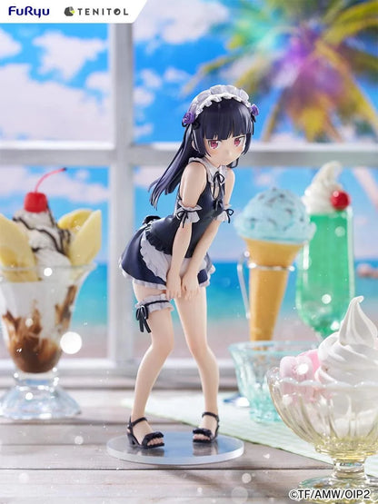 Oreimo Tenitol Tall Kuroneko Swimsuit Maid Ver. Figure featuring Kuroneko in a black-and-white maid swimsuit posing shyly by a dessert table with a beach backdrop