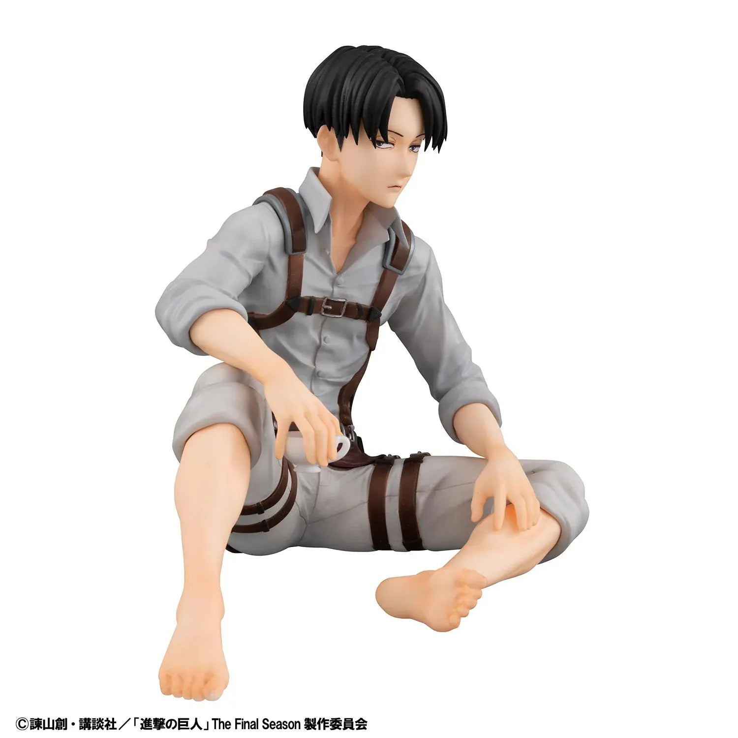 Attack on Titan G.E.M. Series Levi Tenohira Figure seated with short black hair, harness outfit, and serious expression