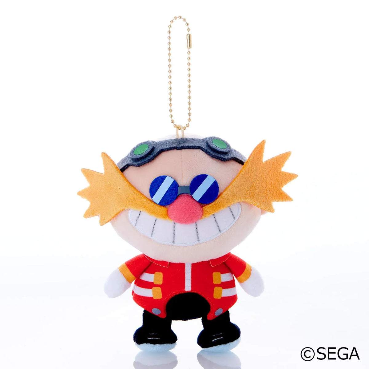 Sonic & Friends Dr. Eggman mascot plush with an orange mustache, blue glasses, red coat, and attached ball chain.
