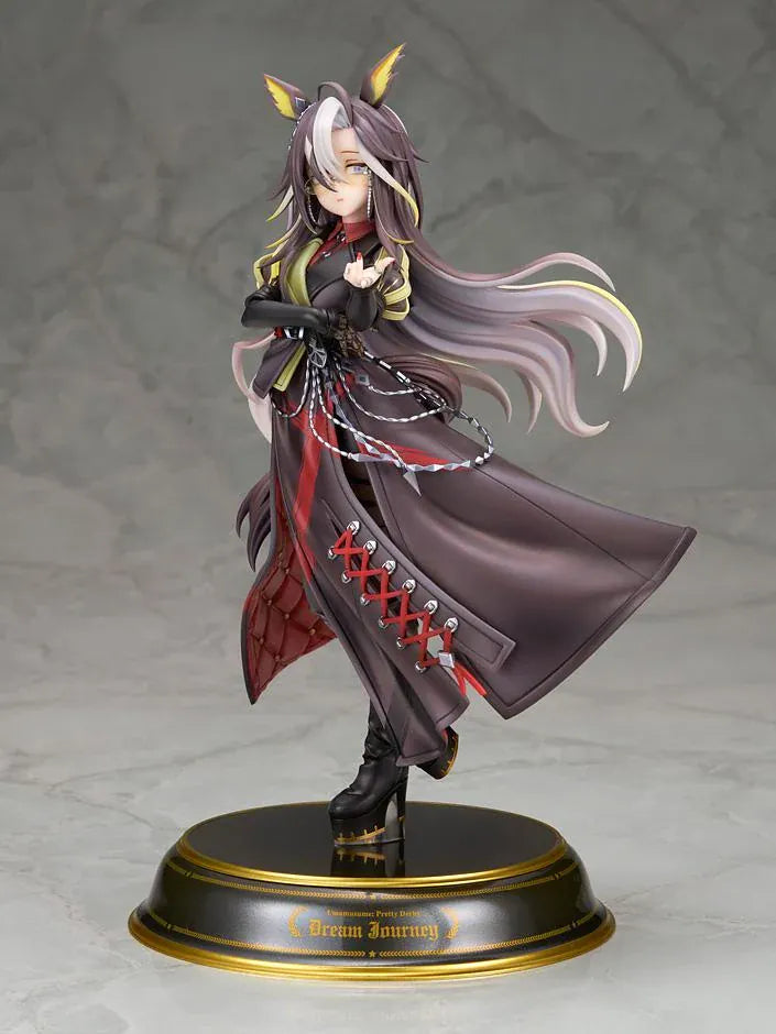 UmaMusume Dream Journey 1/7 scale figure with flowing hair, glasses, and a dark coat with red lacing, standing on a black and gold named pedestal.
