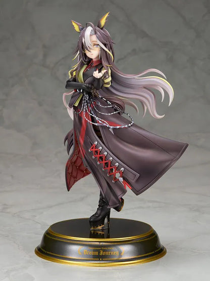 UmaMusume Dream Journey 1/7 scale figure with flowing hair, glasses, and a dark coat with red lacing, standing on a black and gold named pedestal.