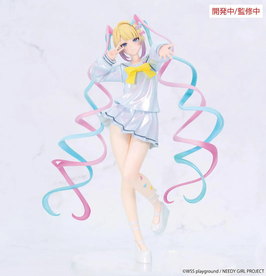 Prototype NEEDY GIRL OVERDOSE Vivit INTERNET ANGEL figure in a pale blue outfit with a yellow bow, spiraling pink-and-turquoise hair, and a peace-sign pose.