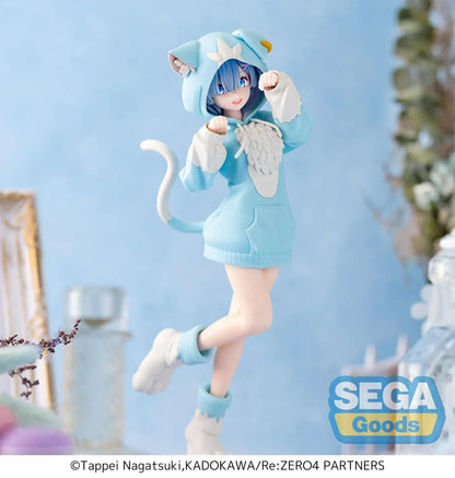 Re:Zero Rem Mofumofu Pack figure wearing blue cat-hoodie dress and posing with raised paws