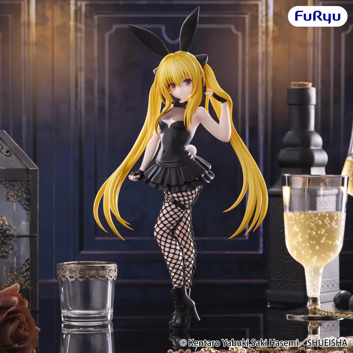 Golden Darkness BiCute Bunnies figure wearing a black bunny outfit with long ears, a layered skirt, fishnet tights, and heeled boots.