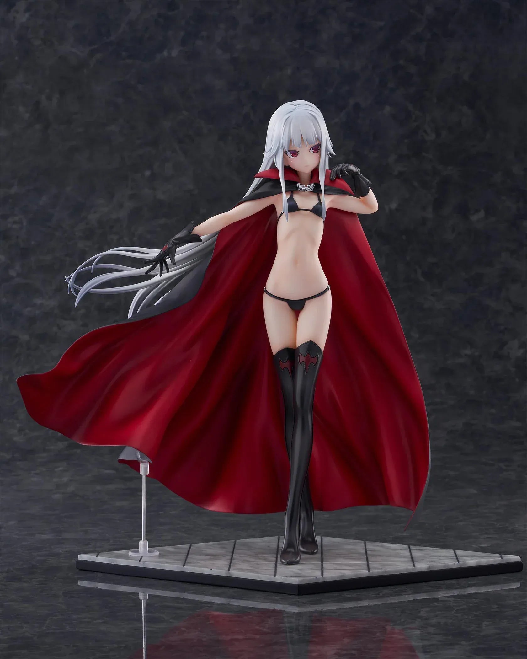 Kirie Kagarino 1/6 scale figure from Bishoujo Mangekyou featuring flowing red cape, black outfit, and silver hair on display base