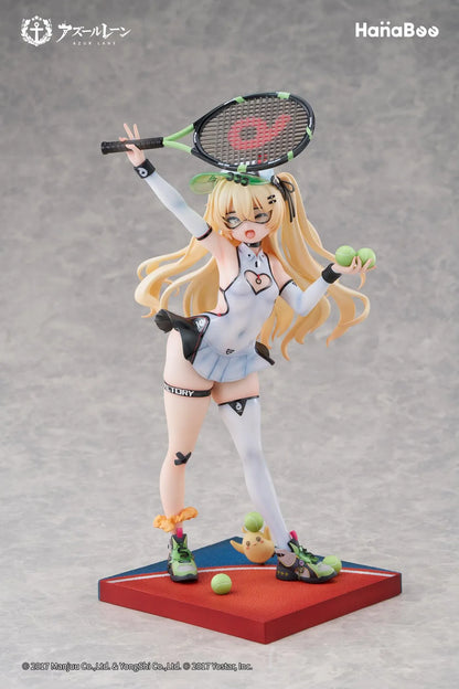 Azur Lane Bache Showy Sports Star Deluxe Ver. 1/6 Scale Figure featuring Bache in a tennis-inspired outfit with racket, tennis balls, display base, bonus artwork, and character can badge.