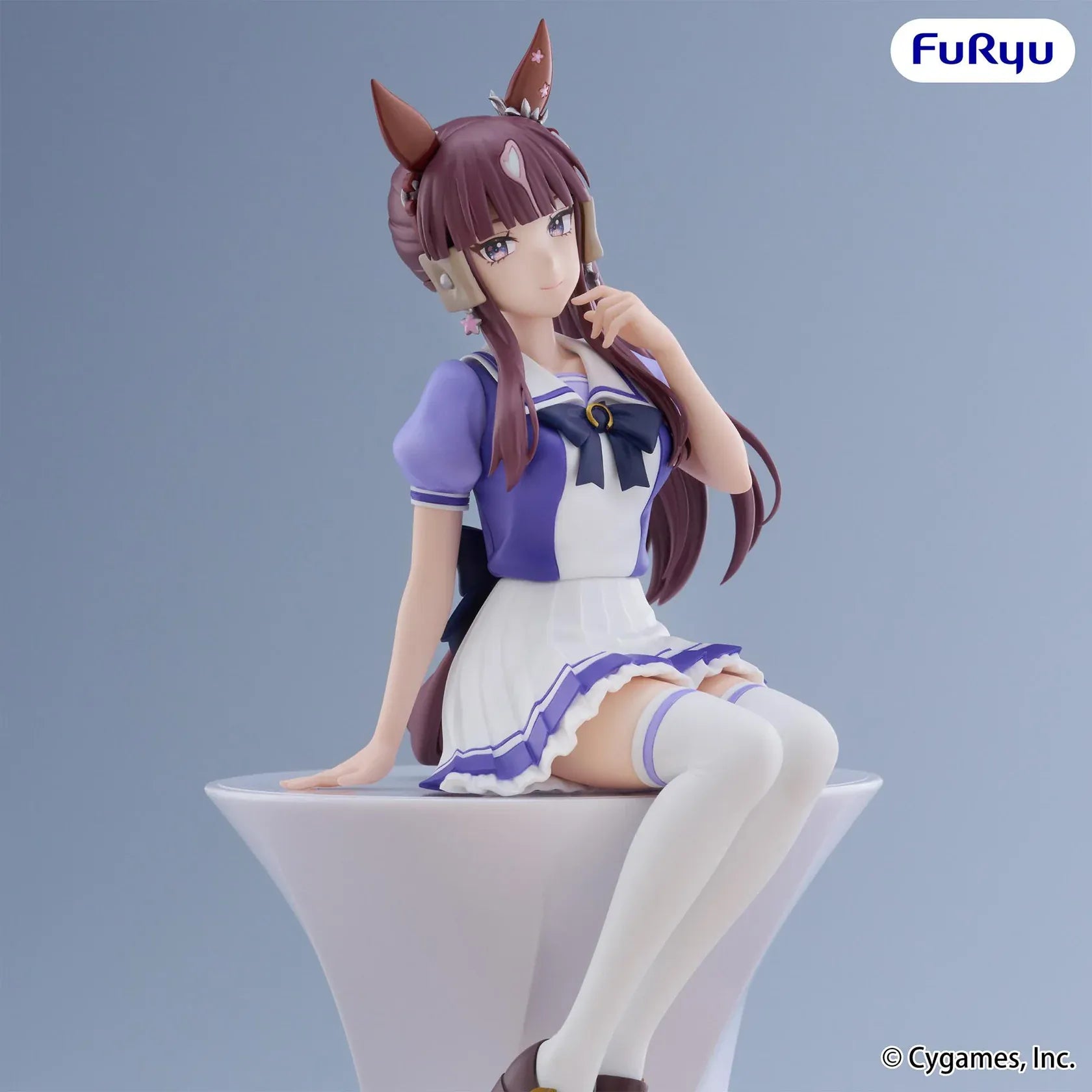 Uma Musume Pretty Derby Lucky Lilac Noodle Stopper Figure in a seated pose wearing her school uniform