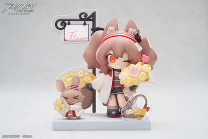 Arknights Cuties Series Angelina Chibi Figure with bunny companion, flower bouquet, baskets, and flower shop display accessories