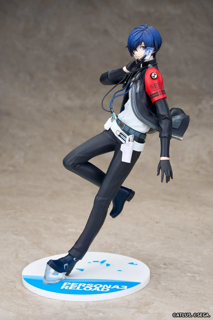 Persona 3 Reload Limepie Protagonist 1/8 Scale Figure with blue hair, black jacket, S.E.E.S. armband, headphones, and themed display base