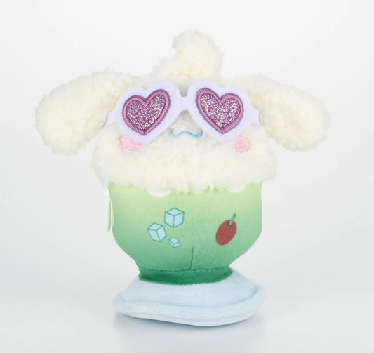 Kawaii YumYum MART DINER Cinnamoroll FLOAT plushie featuring a green soda glass, embroidered ice cubes and cherry, fluffy ears, and heart-shaped sunglasses.