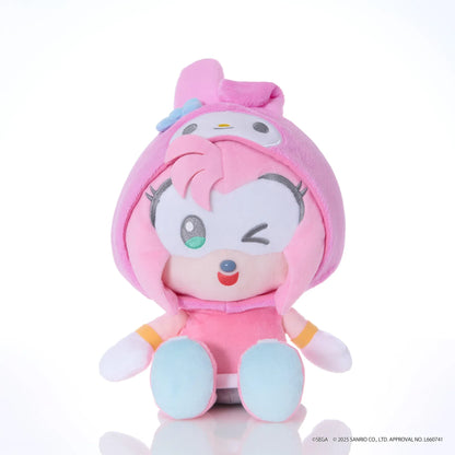 Sonic & Friends x Sanrio Amy medium plush wearing a pink My Melody hood with long ears and a blue bow.