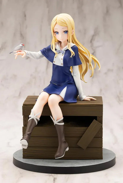 Sasaki and Peeps Elsa 1/7 Scale Figure featuring a blonde-haired anime girl with blue eyes wearing a navy-blue and white outfit, sitting on a wooden crate with a small bird perched on her hand.