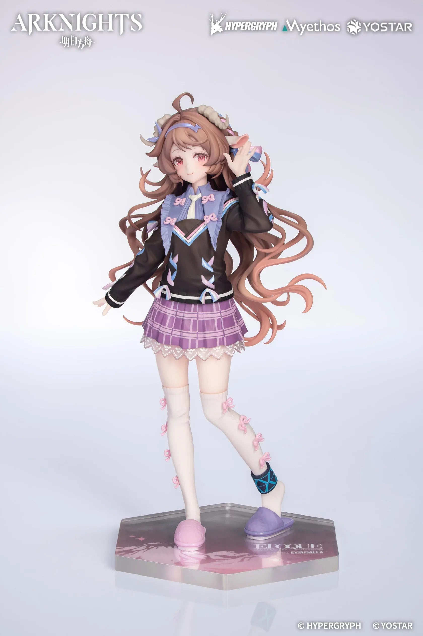 Arknights Gift Plus Eyjafjalla the Hvit Aska One More Story Ver 1/8 Scale Figure wearing a purple plaid skirt, thigh-high socks, pastel accessories, and slippers
