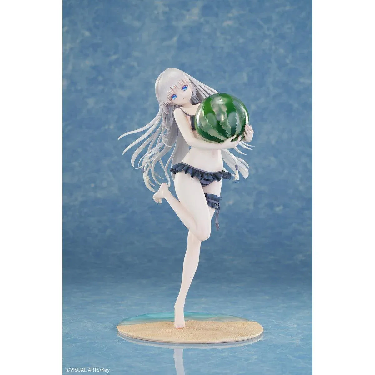 Summer Pockets REFLECTION BLUE Shiroha Naruse 1/6 scale figure wearing a black swimsuit and holding a watermelon on a beach-themed base.