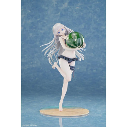 Summer Pockets REFLECTION BLUE Shiroha Naruse 1/6 scale figure wearing a black swimsuit and holding a watermelon on a beach-themed base.