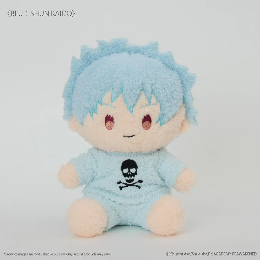 The Disastrous Life of Saiki K. Shun Kaido Fukamokogurumi Plushie featuring spiky light-blue hair, embroidered eyes, a cheerful smile, and a fluffy blue outfit with a black skull and crossbones design in a cute seated pose.