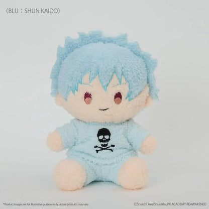 The Disastrous Life of Saiki K. Shun Kaido Fukamokogurumi Plushie featuring spiky light-blue hair, embroidered eyes, a cheerful smile, and a fluffy blue outfit with a black skull and crossbones design in a cute seated pose.