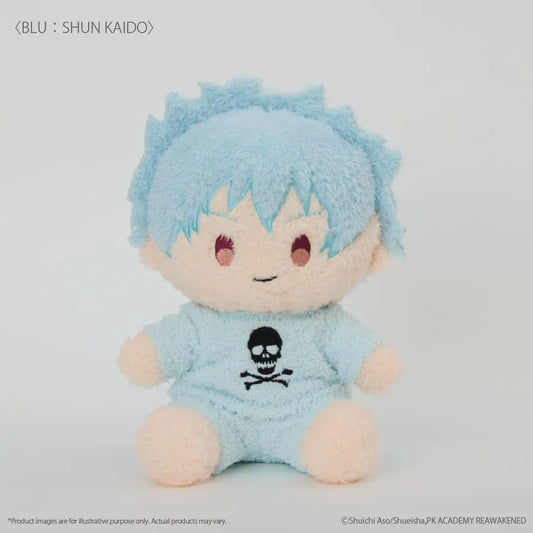 The Disastrous Life of Saiki K. Shun Kaido Fukamokogurumi Plushie featuring spiky light-blue hair, embroidered eyes, a cheerful smile, and a fluffy blue outfit with a black skull and crossbones design in a cute seated pose.