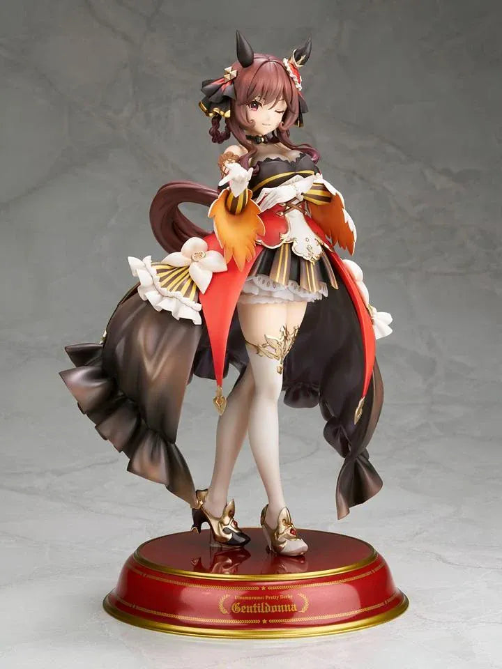 Umamusume Pretty Derby Gentildonna 1/7 Scale Figure featuring a brown-haired horse girl with a playful wink, an elaborate black, red, and gold outfit, flowing decorative fabric, white ruffles, ornate accessories, elegant stockings, and gold-accented heels standing on a red and gold circular display base.