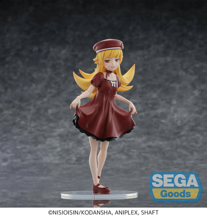 Monogatari High Premium Figure Shinobu Oshino Figure wearing a burgundy dress and hat with golden hair