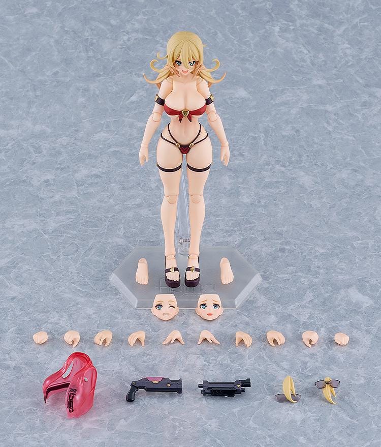 BUNNY SUIT PLANNING figma Veronica Sweetheart Swimsuit Ver. Figure with blonde hair, red swimsuit, sunglasses, platform sandals, and weapon accessory